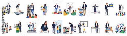 Photos Educational illustrations of teachers and children engaging in interactive technology learning, computer literacy, STEM workshops, and digital skill-building activities