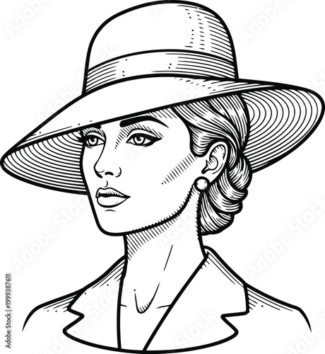 Elegant Woman in Wide-Brimmed Hat with Stylized Hair and Detailed Engraving Style