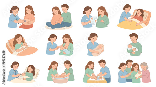 Medical Pregnancy and Newborn Baby Care Flat Illustration Set with Parents and Nurses