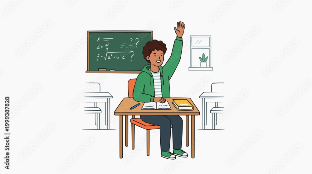 Fototapeta premium A young student, eager to participate, raises his hand in a bright and inviting classroom, showcasing the joy of learning and educational environment.