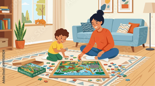 A mother and child bond over a shared puzzle, creating a moment of connection in their cozy home, fostering learning, and a sense of accomplishment.