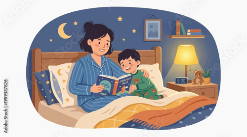 A loving mother and her child snuggle on the bed, absorbed in a bedtime story, creating a perfect moment of intimacy, connection, and comfort.