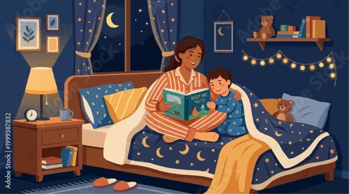 A tender moment of bedtime reading unfolds. A mother and child share the warmth of storytelling in a cozy bedroom scene. A gentle narrative of family and home.