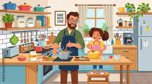A heartwarming depiction of a father and daughter bonding in the kitchen, preparing a meal together with cheerful expressions, set in a cozy, detailed interior.