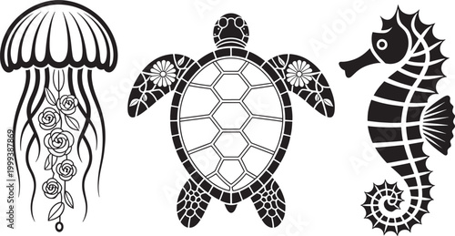 Marine life silhouette collection featuring jellyfish sea turtle and seahorse with floral patterns.