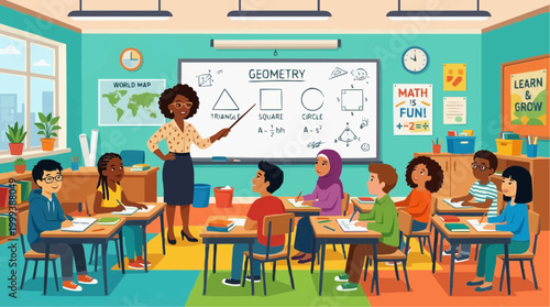 A diverse group of students learning in a modern classroom environment, with teacher teaching geometry in a bright classroom setting, fostering education and knowledge.