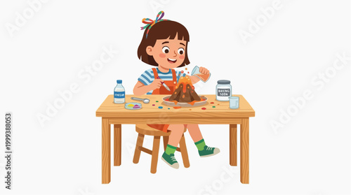 A cheerful young girl engrossed in a hands-on science experiment, focused on creating a miniature volcano eruption, filled with curiosity and enthusiasm. 