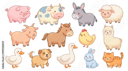Cute Cartoon Farm Animals Set - Adorable Hand-Drawn Vector Illustration for Children