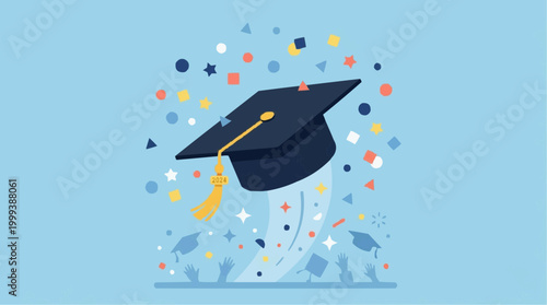 An illustration of a graduation cap with colorful confetti, symbolizing the achievement of education.