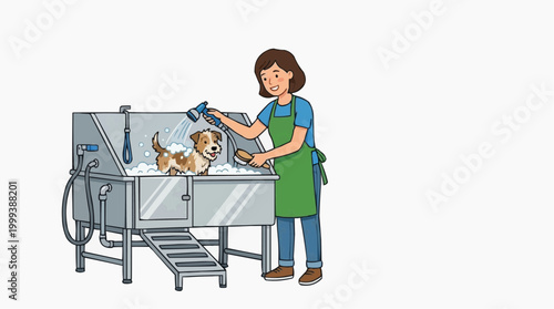 A heartwarming scene unfolds as a dedicated groomer bathes a playful puppy in a professional setting. The image captures the bond between animal care, cleanliness, and the comfort of the dog.