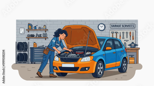 A female mechanic skillfully inspects the engine of a car inside of a garage, symbolizing automotive expertise and repair services.