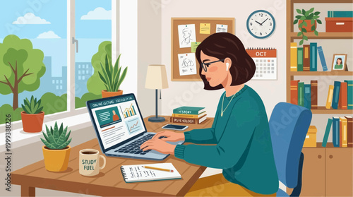 A woman works diligently from the comfort of her home, engrossed in her laptop amidst a cozy study. Capturing the essence of remote work and comfortable productivity.