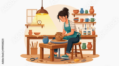 A skilled artisan focuses intently on molding clay, with a collection of pottery displayed in the background, a testament to her craft.