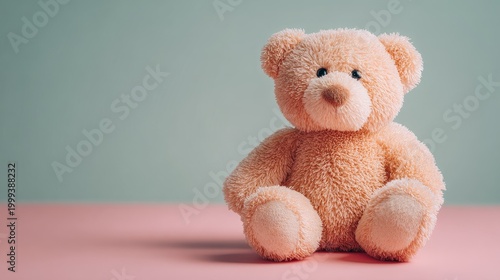 Cute plush teddy bear centered on pastel background