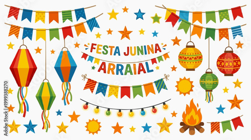 Vibrant Festa Junina elements of brazil cultures illustrated scene, including colorful lanterns, festive banners, and decorative stars in a lively setting. 