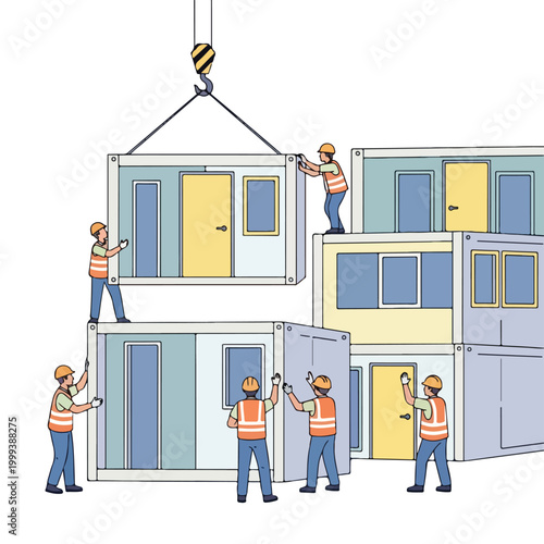 Construction workers assemble modular buildings by stacking portable containers with a crane