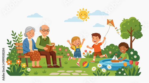 A heart-warming illustration of intergenerational joy: grandparents and grandchildren enjoying a vibrant park scene filled with sunshine and playful activities. 