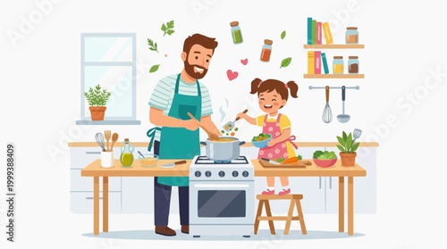 A father and daughter team up for a cooking adventure in their vibrant kitchen, where they are making delightful food and creating memories with a mix of joy and love.