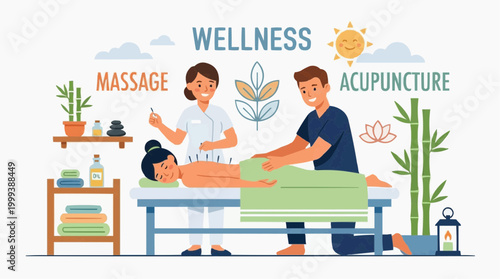 An inviting illustration captures a comprehensive wellness center, showcasing integrated therapy like massage and acupuncture. 