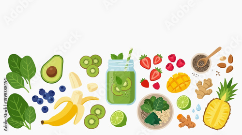 A vibrant array of fresh fruits and vegetables artfully arranged, promising a delicious and nutritious smoothie.