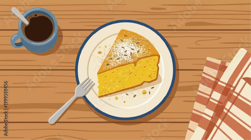 A delicious slice of cake with powdered sugar is presented on a plate alongside a cup of coffee and a fork, creating a serene moment of culinary delight.