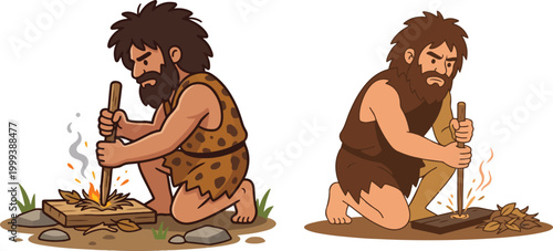 Cartoon illustration of prehistoric cavemen making fire using primitive tools, shown in a simple flat vector style depicting early human survival skills.