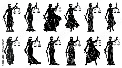Legal Justice Lady Icons Set. Blindfolded Woman Holding Scales and Sword Silhouette Collection