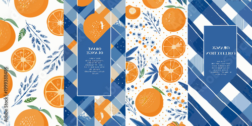 Orange fruit and botanical illustration seamless pattern with blue and white stripes
