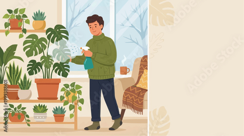 A man cares for his indoor plants, creating a tranquil indoor garden atmosphere, spraying with a mister while observing the winter through the window. 