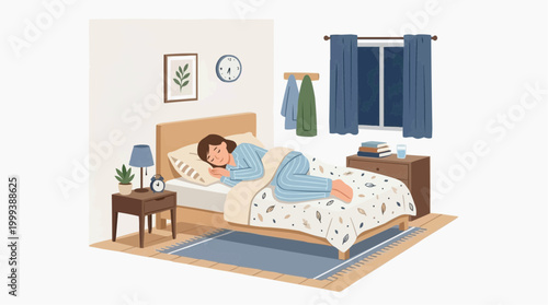 A serene person peacefully sleeping in a cozy bedroom setting, the warm embrace of comfort and relaxation is captured.