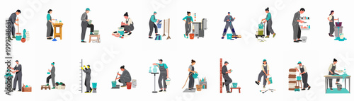 Large collection of workers and artists in overalls engaged in various tasks involving paint, ceramics, and construction materials on a white background.