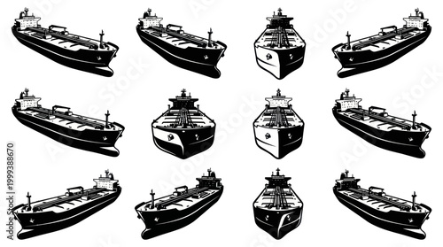 Black and White Line Art of Various Tanker Ships on White Background