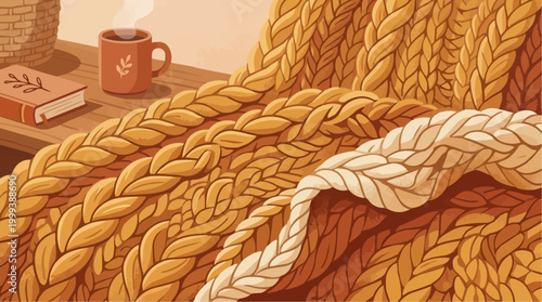 A cozy and inviting scene unfolds, featuring a beautifully crafted knitted blanket, a steaming mug, and a closed book, all bathed in warm, inviting light. The image evokes feelings of comfort.