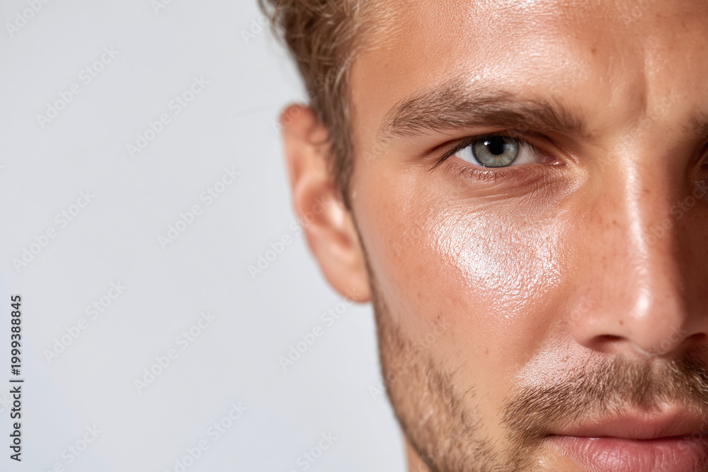 Naklejka premium Close up portrait of hydrated male skin with soft light, visible pores and subtle stubble conveying natural confidence and healthy complexion