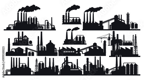 Industrial Factory Plants Silhouette Vector Set - Manufacturing and Pollution Icons