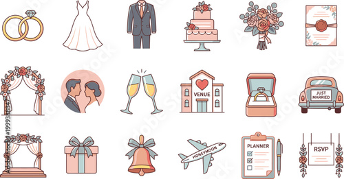 Flat vector icon set of wedding and marriage elements. rings, dress, suit, cake, bouquet, arch, couple, champagne, church, calendar, car, gift, bell, airplane, and invitation.