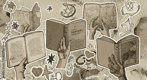 Hands Holding Open Books Collage, Vintage Style Illustration