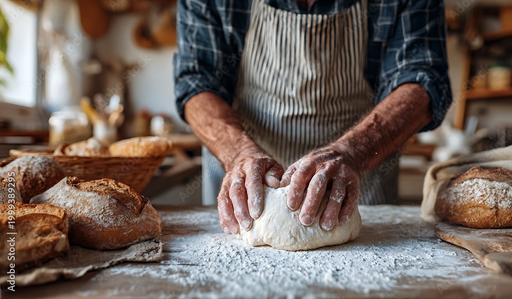 Fototapeta premium hands of baker's male knead dough