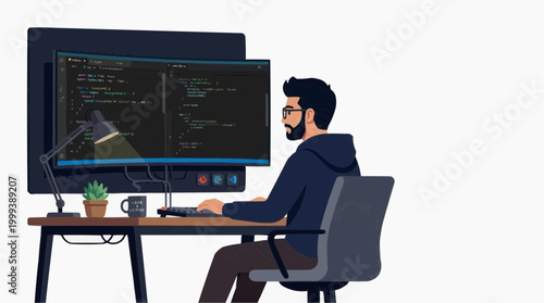 A programmer in his work, code development with laptop. showing the modern workspace filled with technology and innovation.
