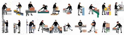 Set of flat illustrations showing warehouse workers engaged in logistics tasks including packing, scanning, sorting, and transporting boxes in a distribution center.