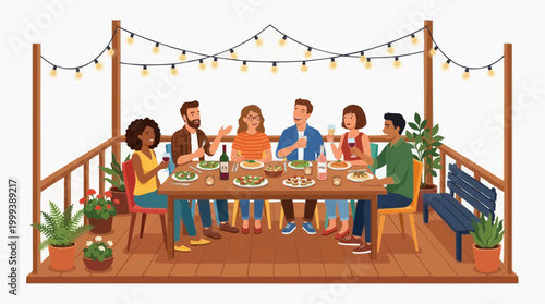 Friends gather for a meal. This vibrant illustration captures a lively group enjoying an outdoor dinner party on a patio. The image radiates warmth, friendship.