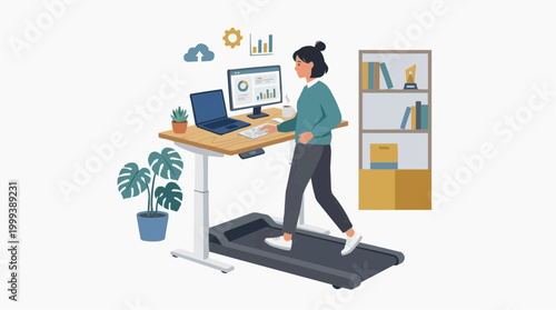 A person works on a computer while walking on a treadmill desk, combining productivity with physical activity.