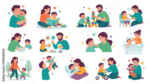 Diverse Family Moments: Parents Caring for Children, Flat Style