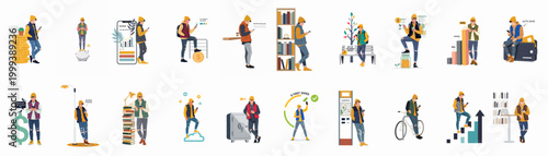 Set of Illustrations Featuring a Young Man Managing Personal Finances, Saving Money, and Using Mobile Banking Apps in Various Everyday Scenarios.