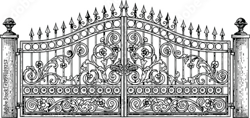 Ornate wrought iron estate gate with decorative scrollwork and finials against a white background