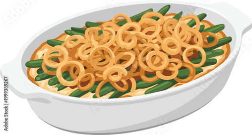 Delicious green bean casserole with crispy onion rings