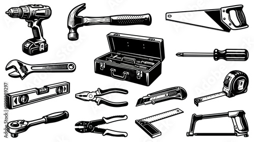 Black and White Line Art Tools Collection: Construction  DIY Equipment
