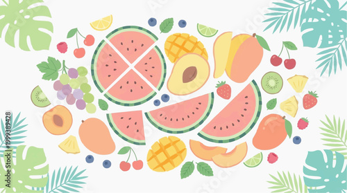 A vibrant collection of fresh and colorful fruits in a cheerful array. capturing the essence of healthy eating and the joy of nature's bounty.