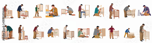 Collection of illustrations featuring men in plaid shirts assembling, repairing, and cleaning wooden baby cribs using various hand tools for a nursery.