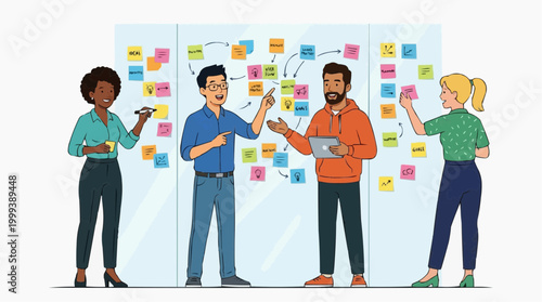 Brainstorming Session: A diverse group collaborates, strategizing on a concept board. The vibrant illustration captures a collaborative workshop setting, emphasizing teamwork, and planning.